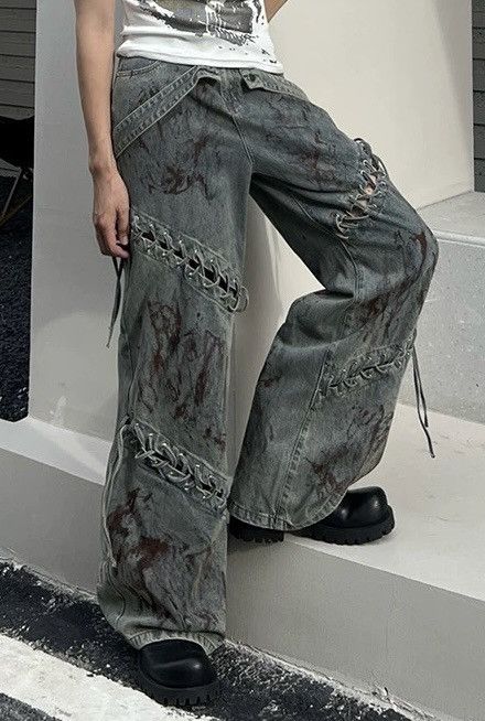 Avant garde punk y2k washed dirty paint tie up jeans pants