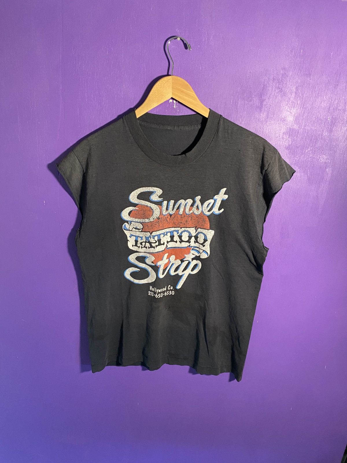Vintage 80s Sunset tattoo strip faded tank top, image size:1200x1600