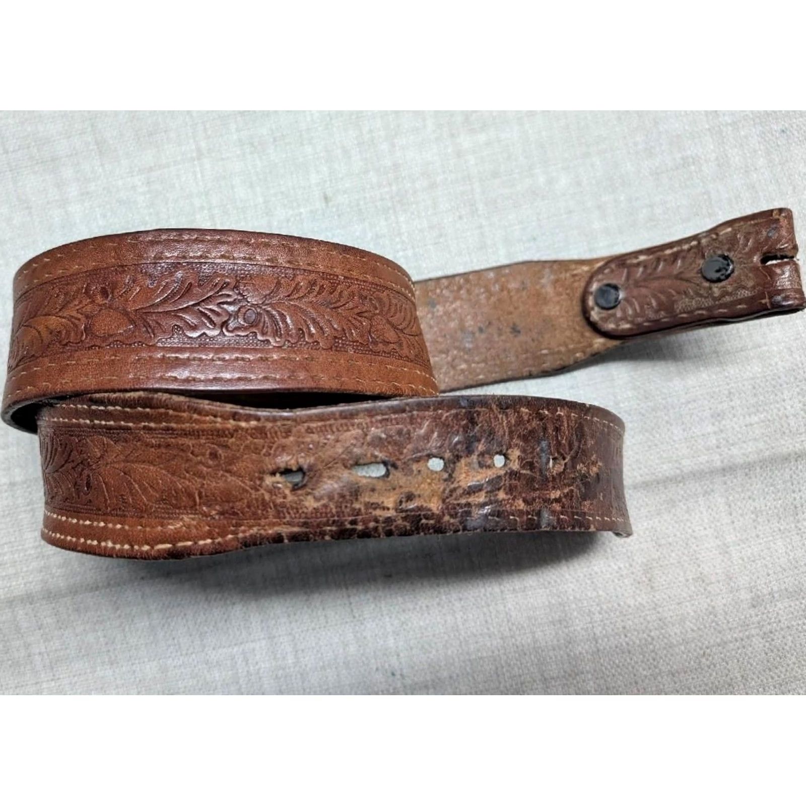 Vintage VINTAGE western belt Tooled brown cowhide leather 34 belt Men Regular 34 width 1-7/8" patina rodeo southwest buckle tapered belts Size 34 - 3 Thumbnail