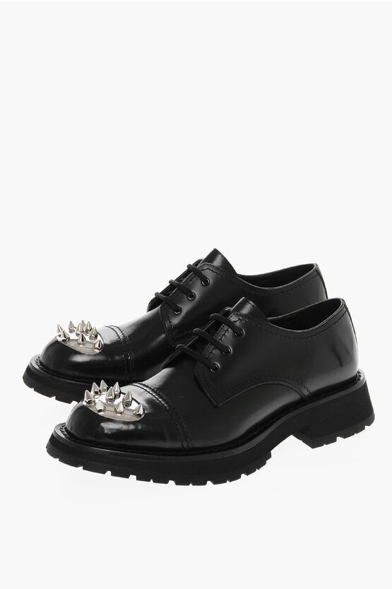 image of Alexander Mcqueen Studded Toe Leather Derby Shoes in Nero/Argento, Men's (Size 10)