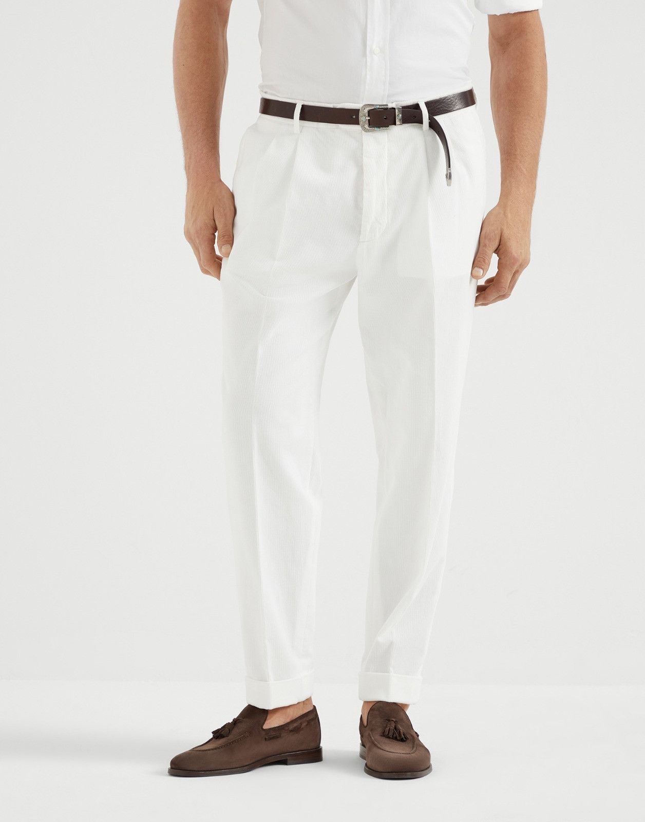 Brunello Cucinelli o1la1rc1a0326 Pressed-Crease Cotton Trousers in White Size US 32 / EU 48 - 1 Thumbnail
