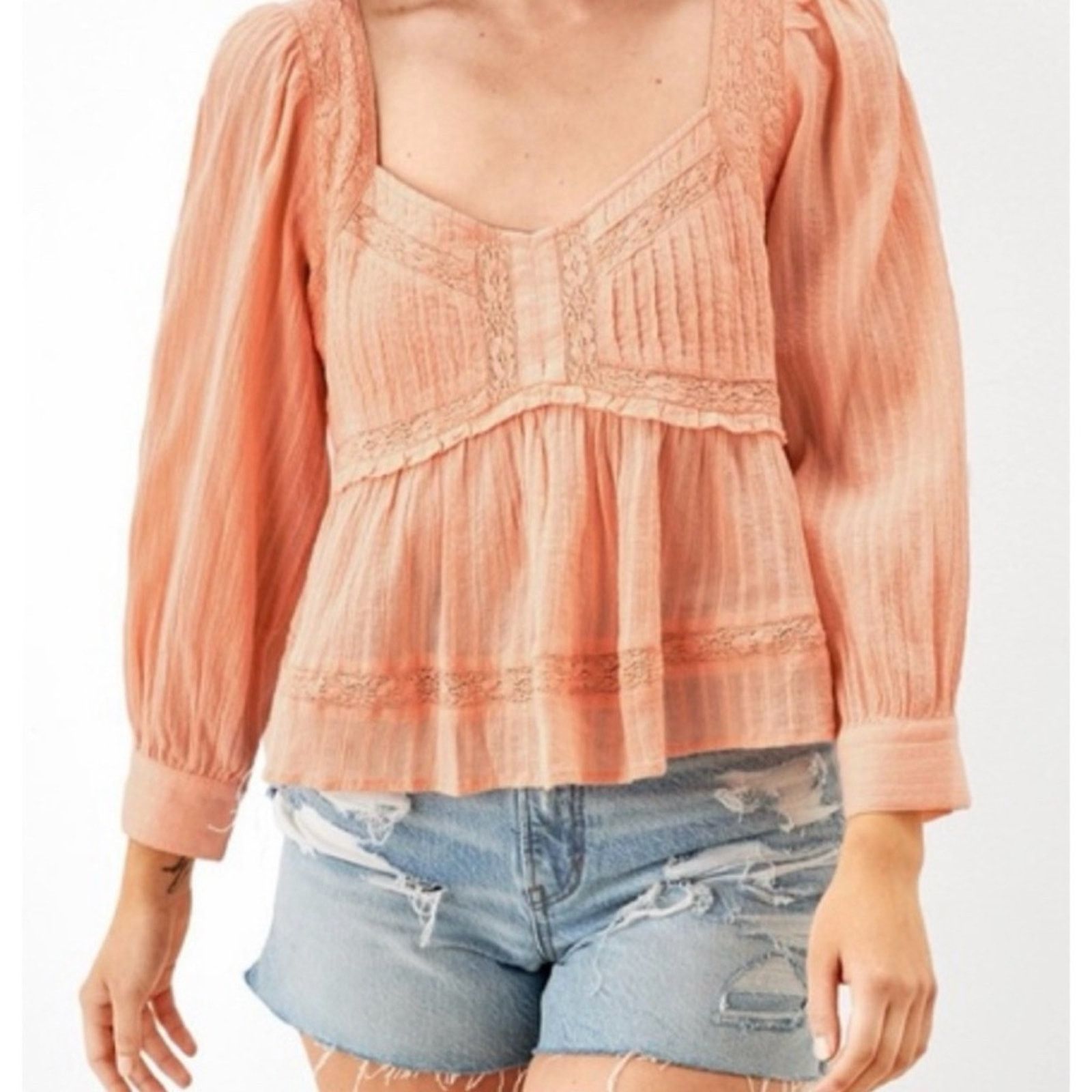 American Eagle Outfitters AMERICAN EAGLE • Peach Boho Long Sleeve Babydoll Blouse Size L / US 10 / IT 46 - 15 Thumbnail