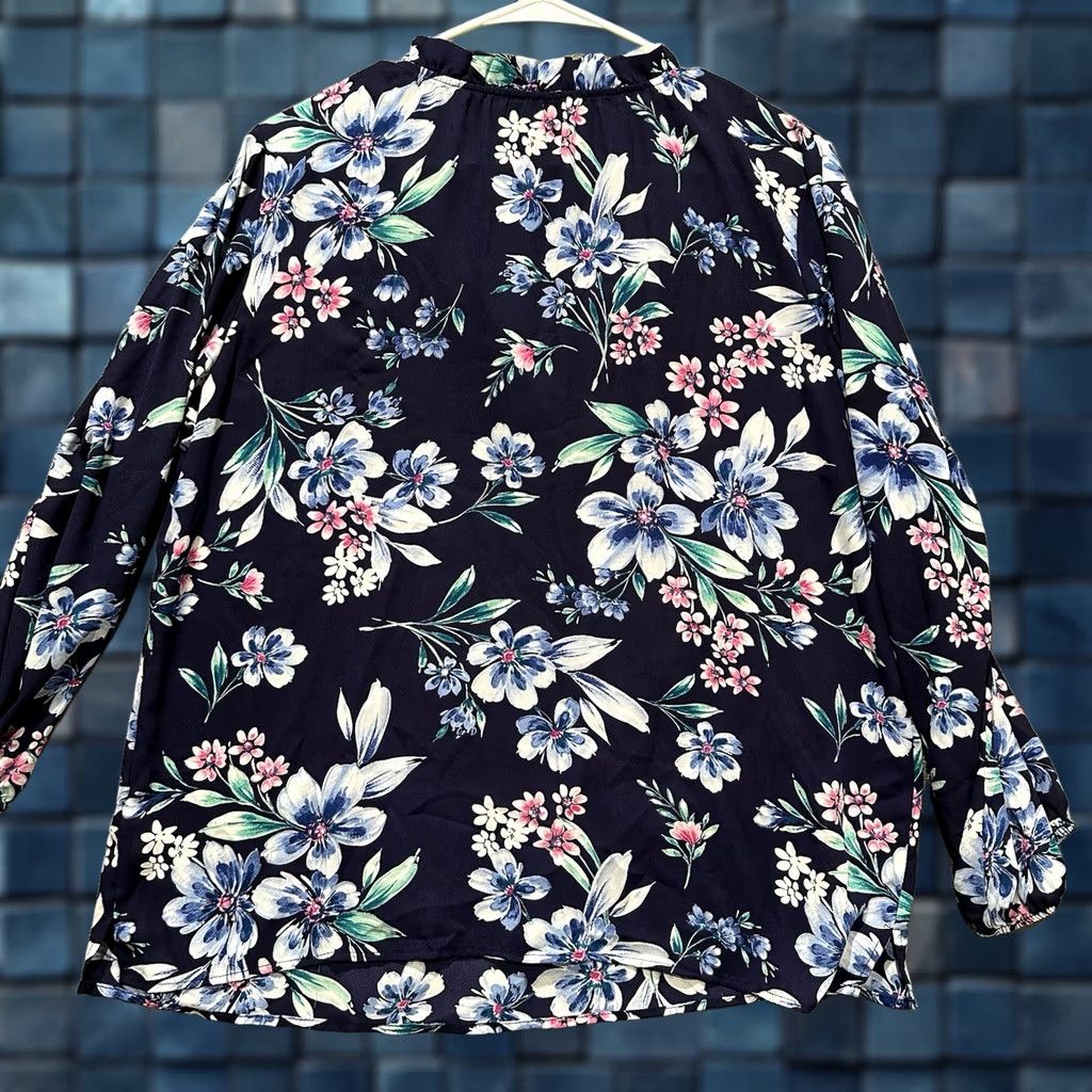 Vintage Counterparts Blouse Womens Blue Floral Print Split Neck Tunic 3/4 Sleeve Large Size L Size L / US 10 / IT 46 - 1 Thumbnail