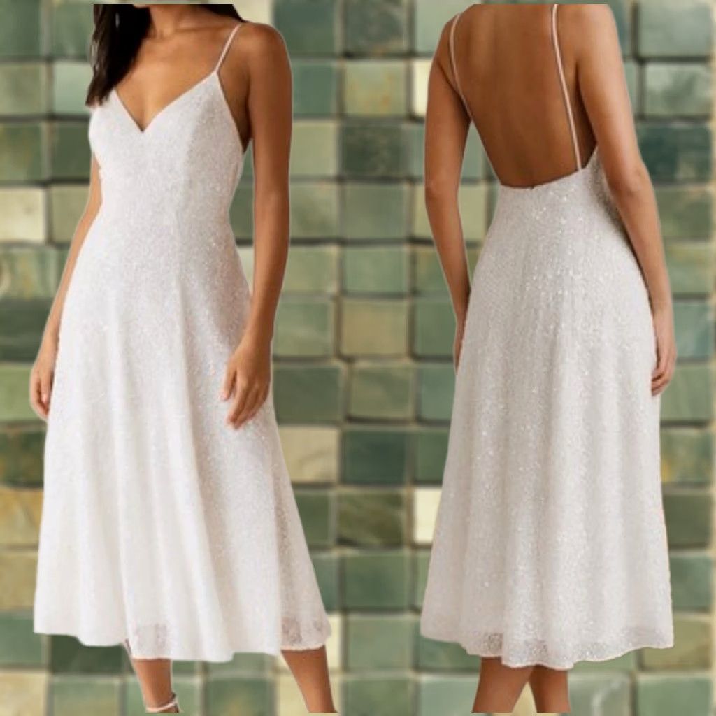 Vintage VINTAGE ASOS EDITION Eva Embellished Cami Midi Wedding Dress in Ivory Size 2 Bridal Size ONE SIZE - 1 Thumbnail