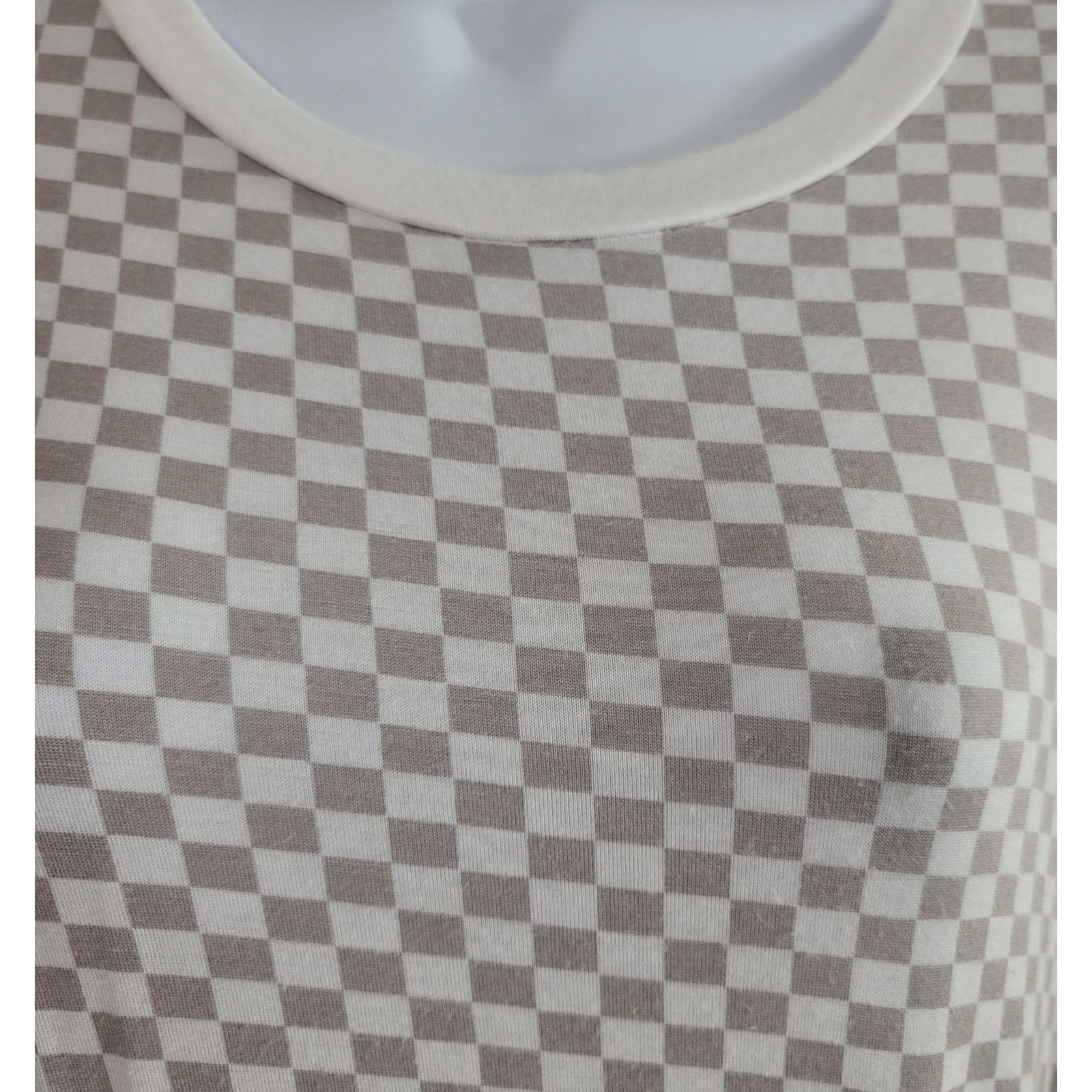 Other Justify Tan White Checkered Women's Top Large Short Sleeves Size L / US 10 / IT 46 - 2 Thumbnail