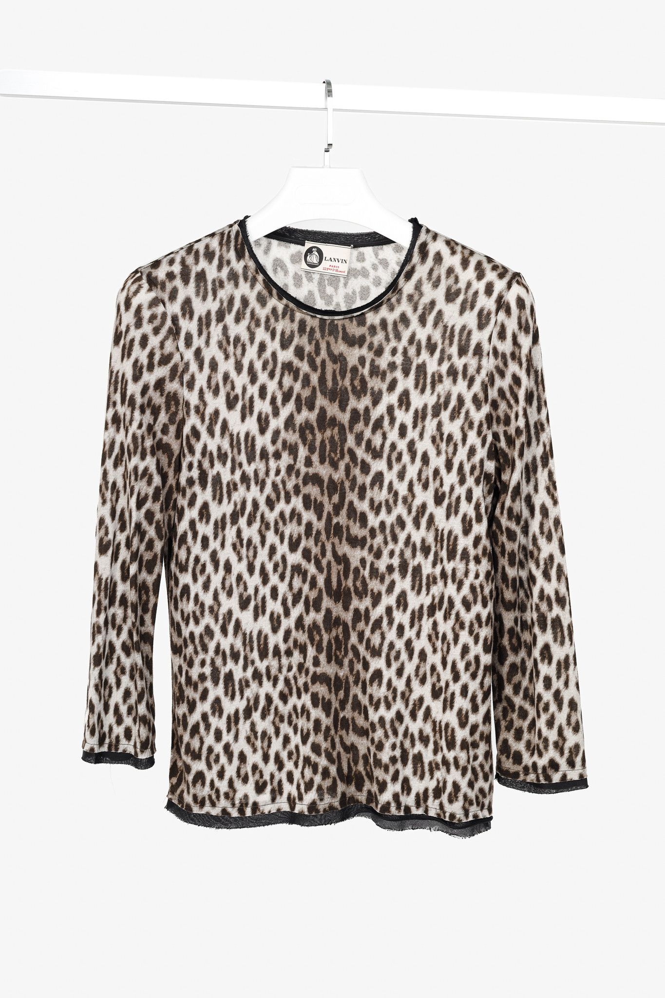 Lanvin Grey Leopard-Print Silk-Trim 3/4-Sleeve T-Shirt