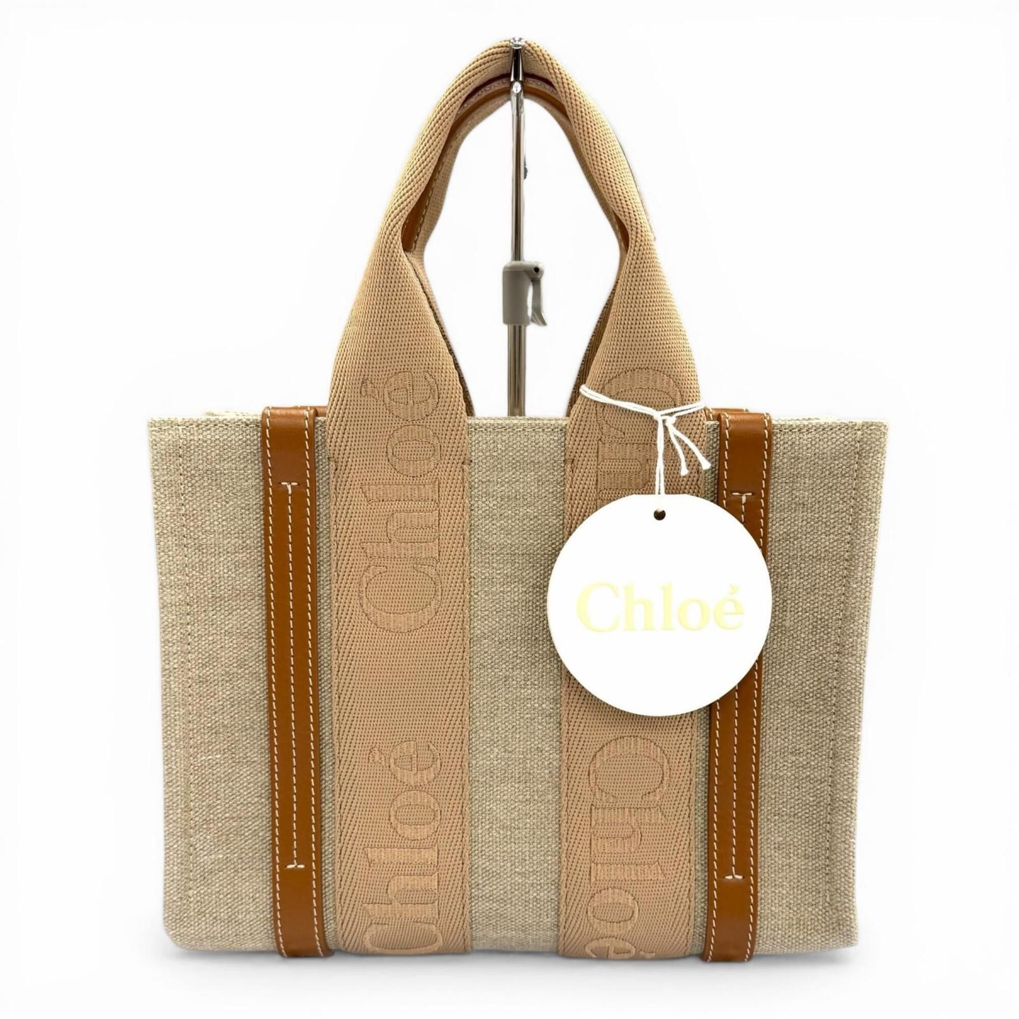Chloe Chloé Chloe CHC23AS397L17 Woody Small Tote Bag, Leather & Linen, 2-Way Handbag, Beige, with Dust Women's. Size ONE SIZE - 1 Thumbnail