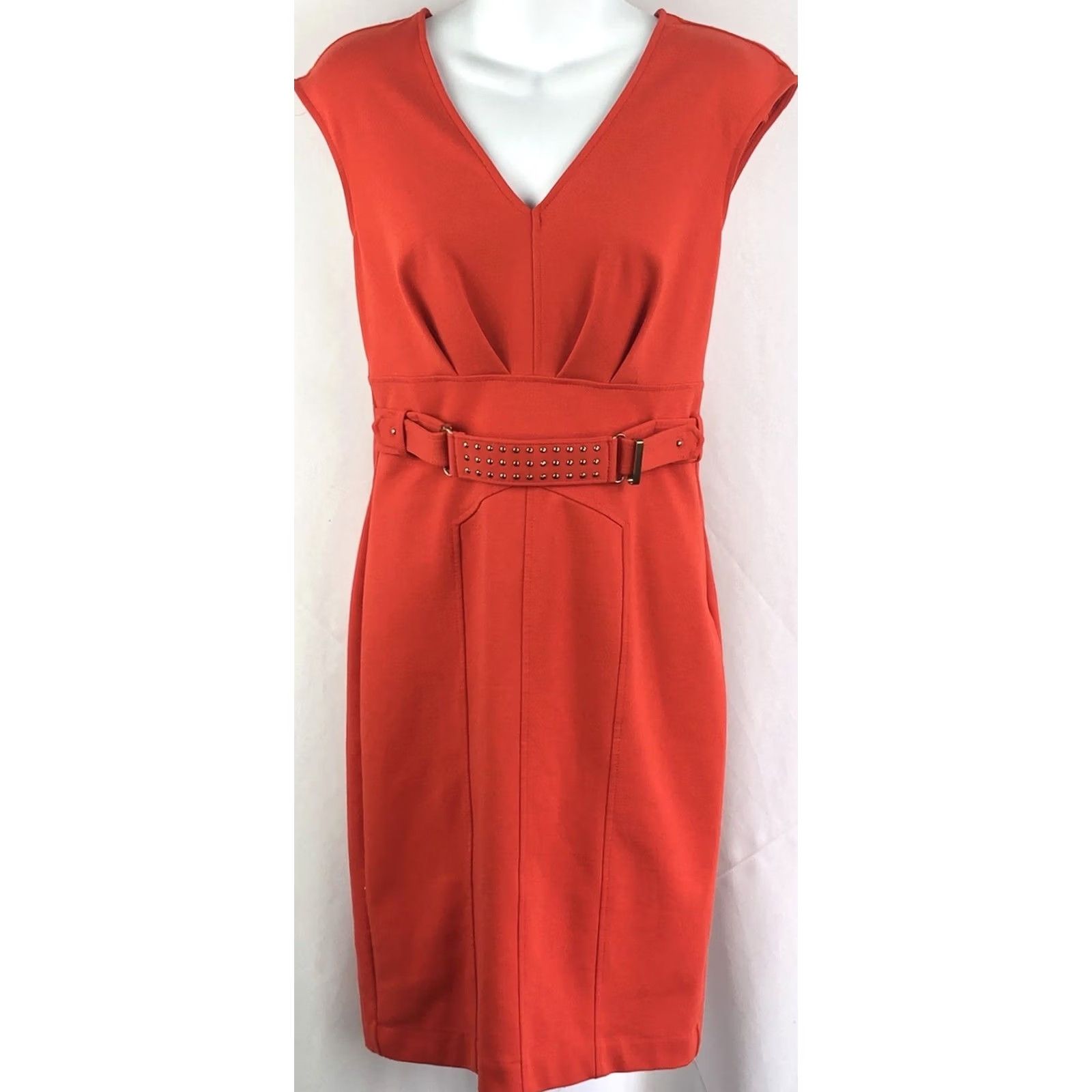 Vintage VINTAGE Jennifer Lopez Dress Sleeveless Sheath 6 Orange V-Neck Stud Belt Knee Length Career Workwear Women Women's Size M / US 6-8 / IT 42-44 - 5 Thumbnail
