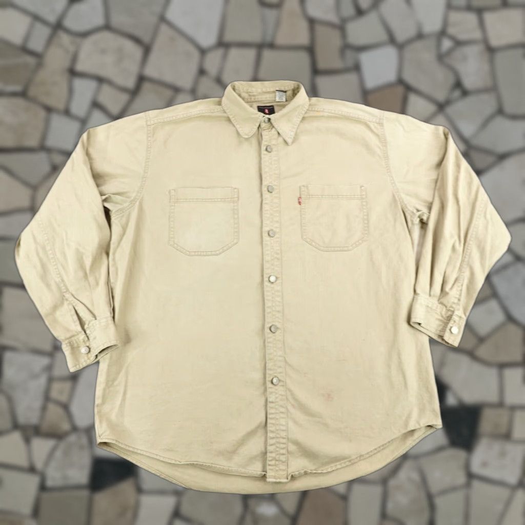 VINTAGE Levi's Shirt Mens Large Khaki Beige Tan Button Up Twill 90s 90s Outdoor Work Casual