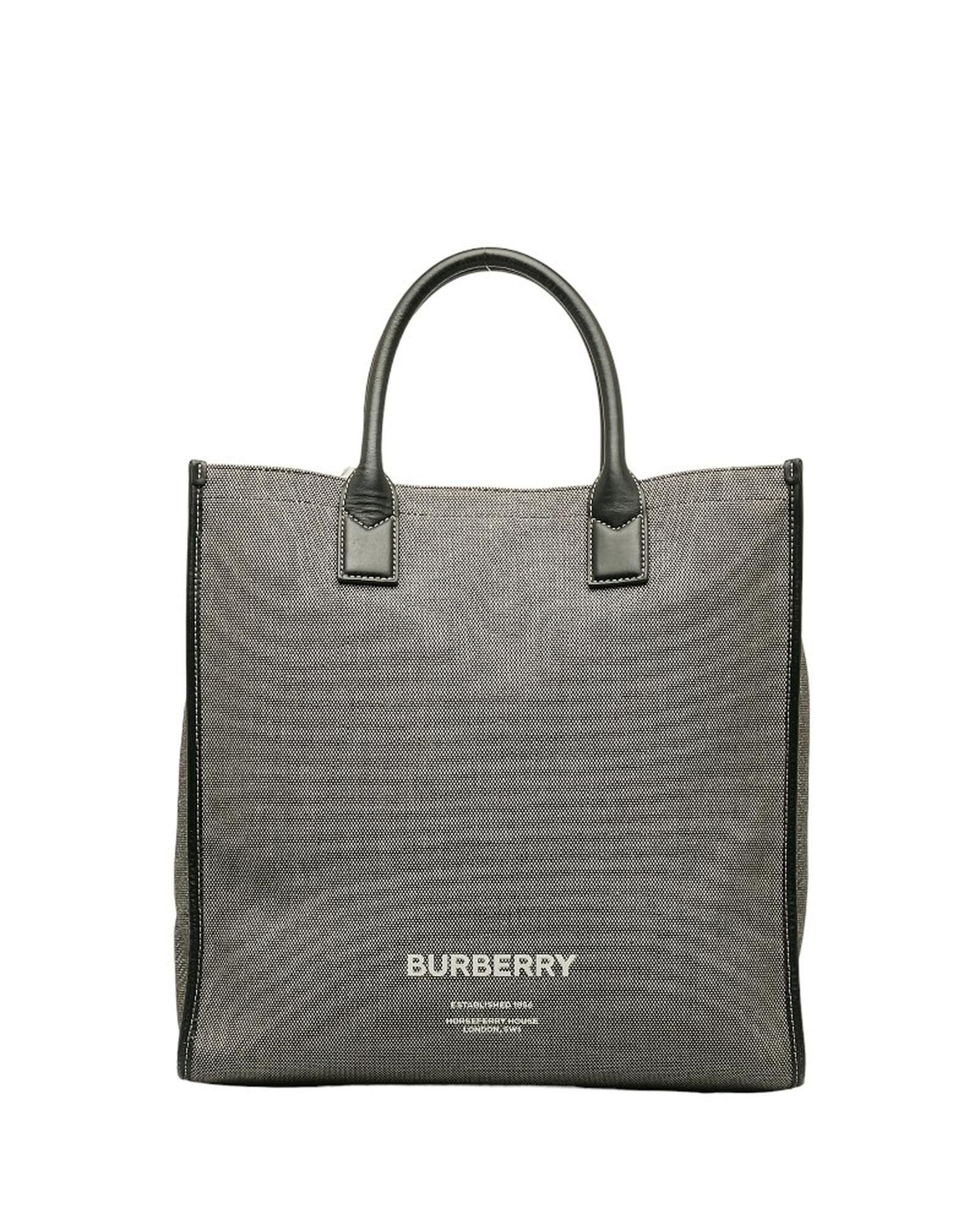 image of Burberry Logo Canvas Tote Bag With Leather Trim in Black, Women's
