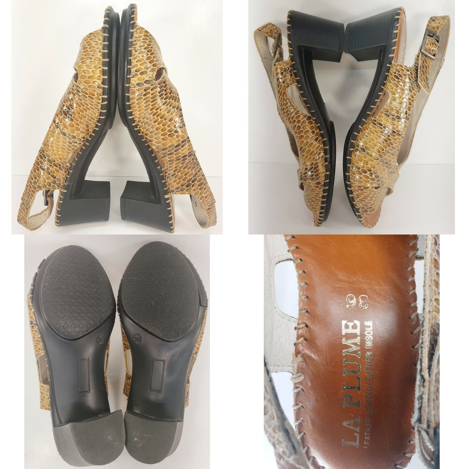 Vintage La Plume Leather Brown Tan Reptile Slingback Heeled Sandals Size 5-5.5M 36EU Women Size US 5.5 / IT 35.5 - 8 Thumbnail