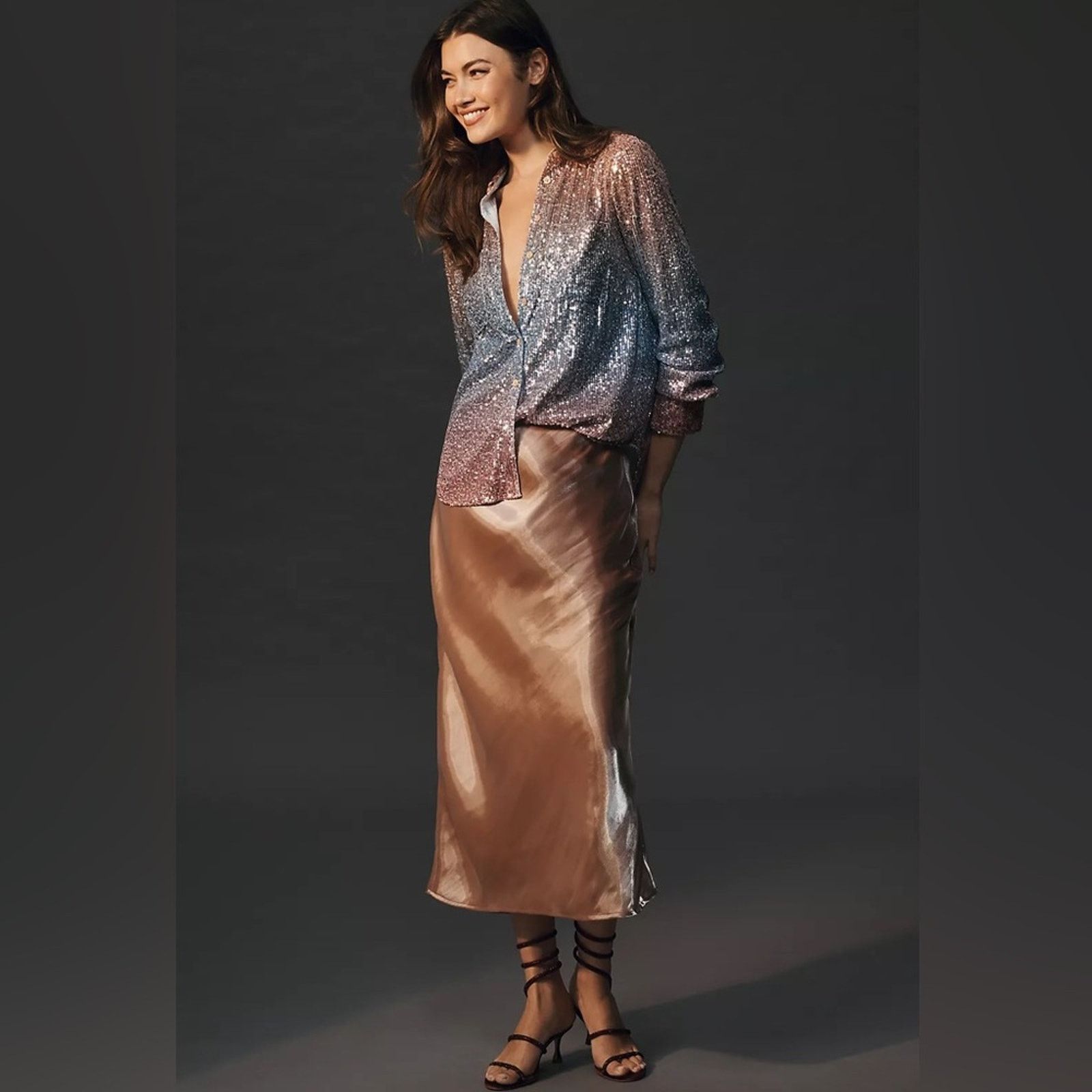 Anthropologie Anthropology Ombré Sequin Buttondown Shirt Blue/Peach size M Size M / US 6-8 / IT 42-44 - 4 Thumbnail
