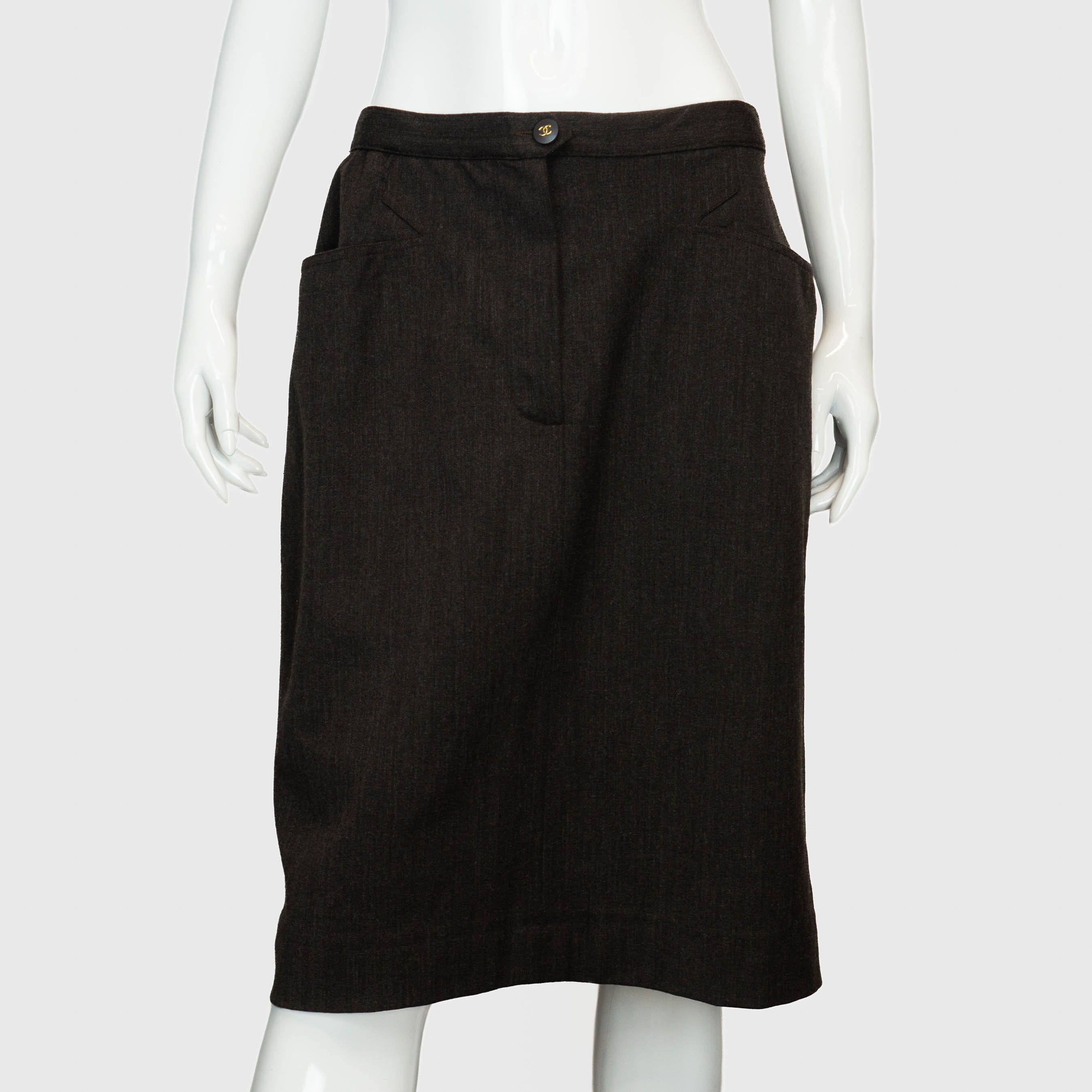 Chanel × Vintage CHANEL Logo Gray Wool Pencil Skirt Vintage 90s 00s Size 30" / US 8 / IT 44 - 1 Thumbnail