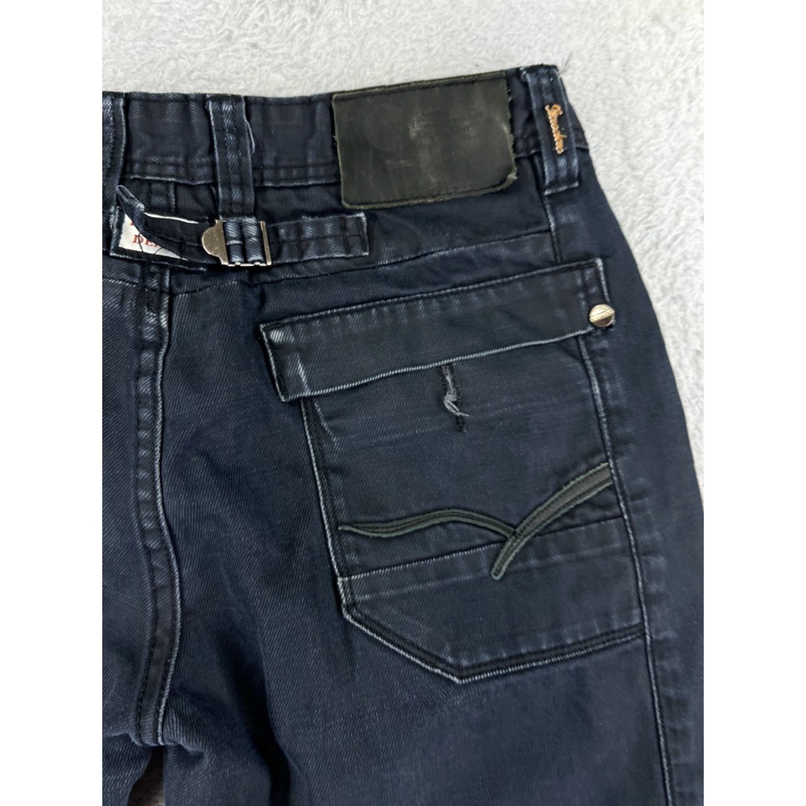 Vintage LaoDao Jeans Mens Jeans Belt Buckle Cinch Back 30x26 Black Denim Straight Leg 5-Pocket Regular Mens Size US 33 - 3 Thumbnail
