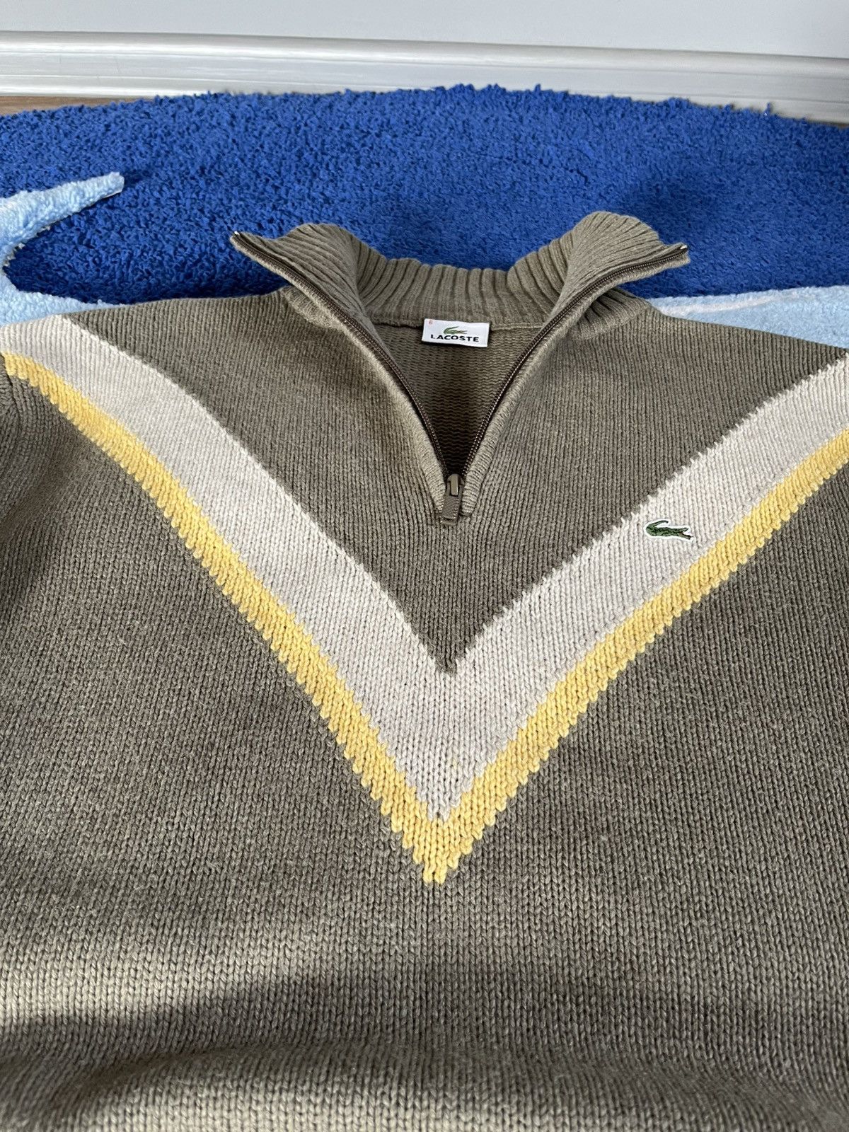 Lacoste Vintage Lacoste Quarter Zip Knit Sweater Olive V-Stripe Size US XL / EU 56 / 4 - 6 Thumbnail