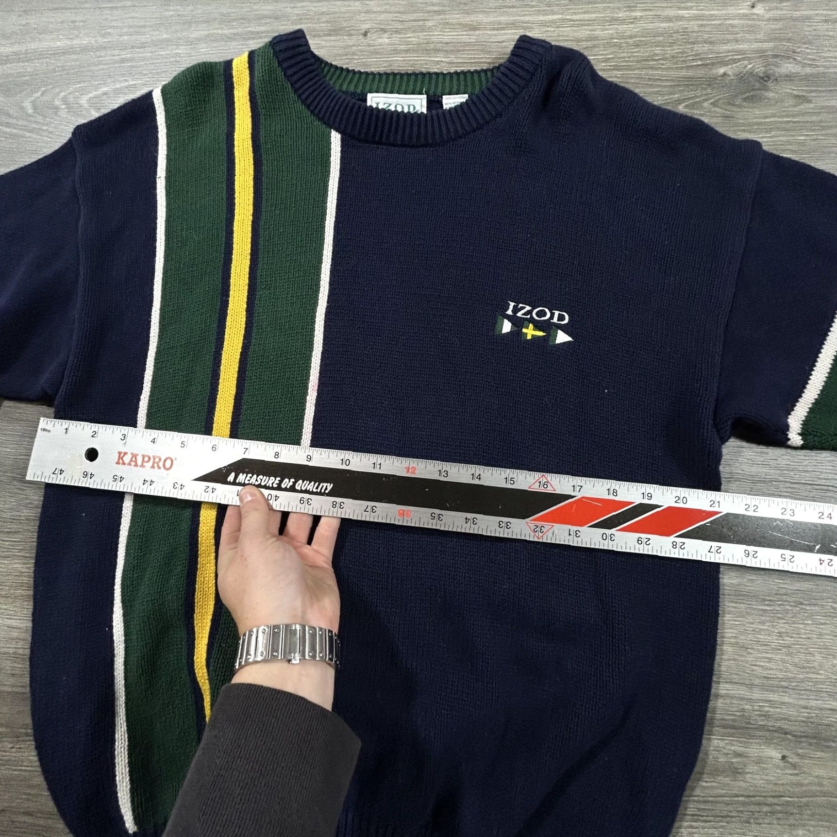 Izod VINTAGE Izod Sweater Mens M Navy Green Striped Cotton Nautical Preppy Pullover Crew Neck Knit Size US M / EU 48-50 / 2 - 7 Thumbnail