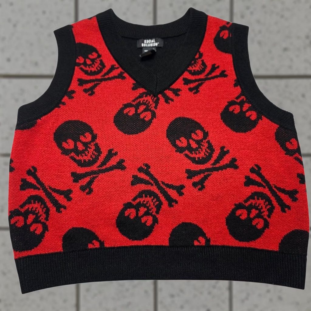 Vintage Social Collision Crop Sweater Vest Red Black Skull Hearts Goth Hot Topic Y2k Women M Vest Size M / US 6-8 / IT 42-44 - 1 Thumbnail