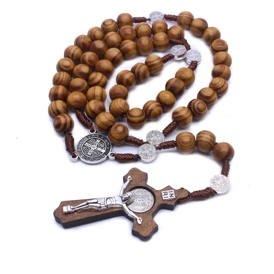 Jewelry × Vintage Trendy Brown Wooden Rosary Necklace Catholic Cross Pendant Size ONE SIZE - 3 Thumbnail