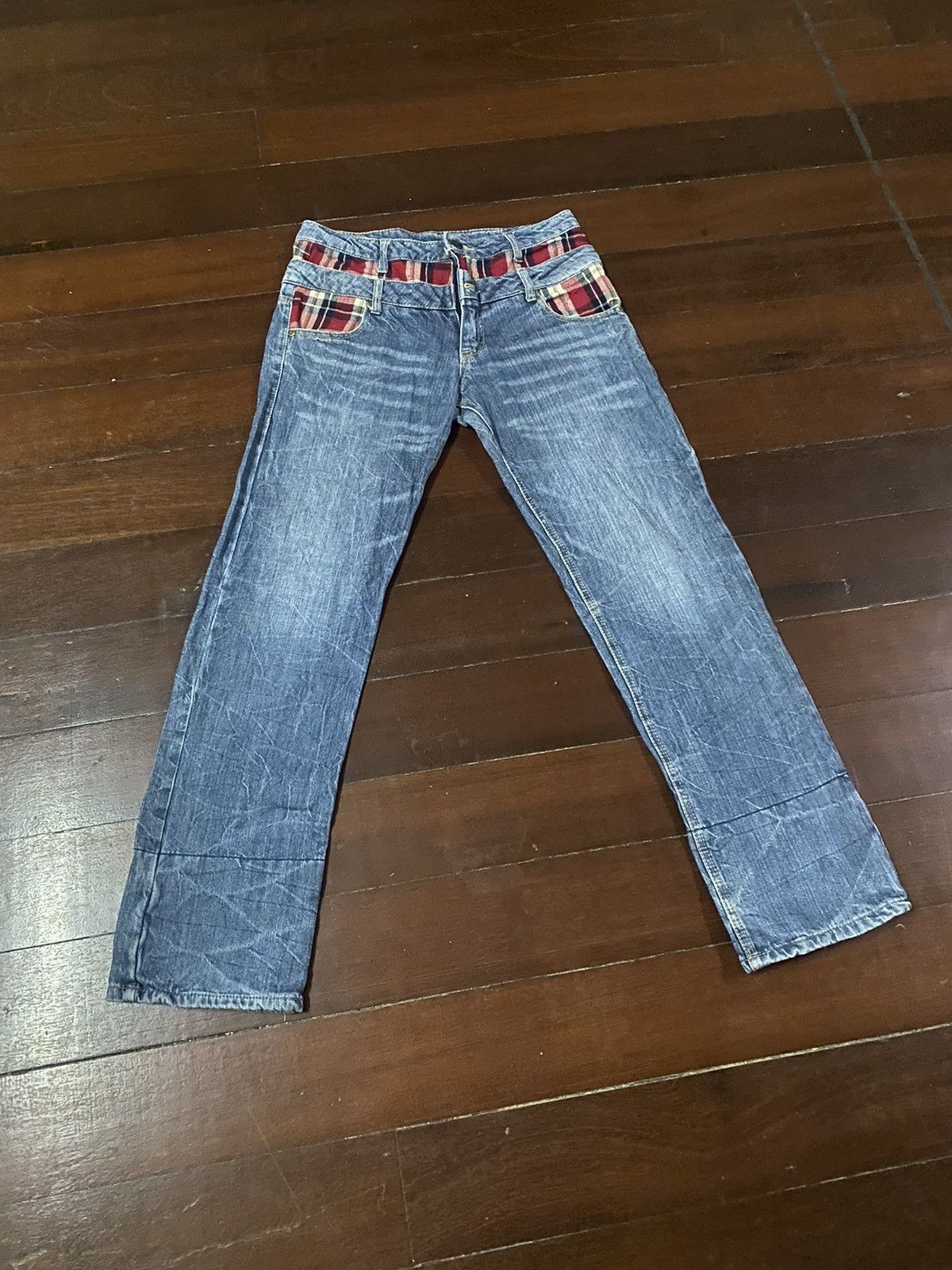 image of Designer Fire Amazing Flare Denim Double Waist Tartan in Blue, Men's (Size 33)