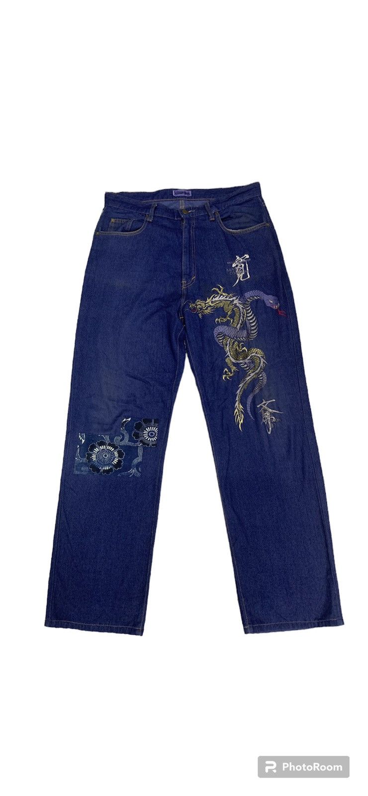 image of Avant Garde x Kansai Yamamoto Kansai Man Embroidery Dragon And Patchwork Soft Jeans in Blue (Size 3