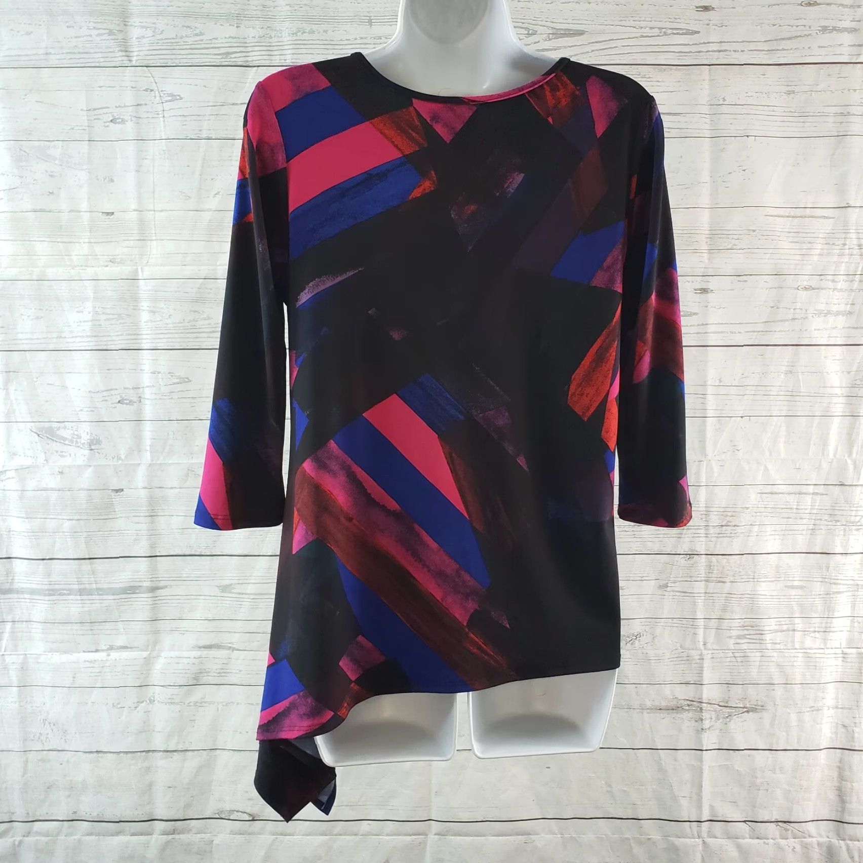 Pinko Clara Sun Woo Womens Asymmetrical Top XS Black Pink 3/4 Sleeve V-Neck Blouse Tops Womens XS Black Pink Colorful Decade - Size XS / US 0-2 / IT 36-38 - 4 Thumbnail