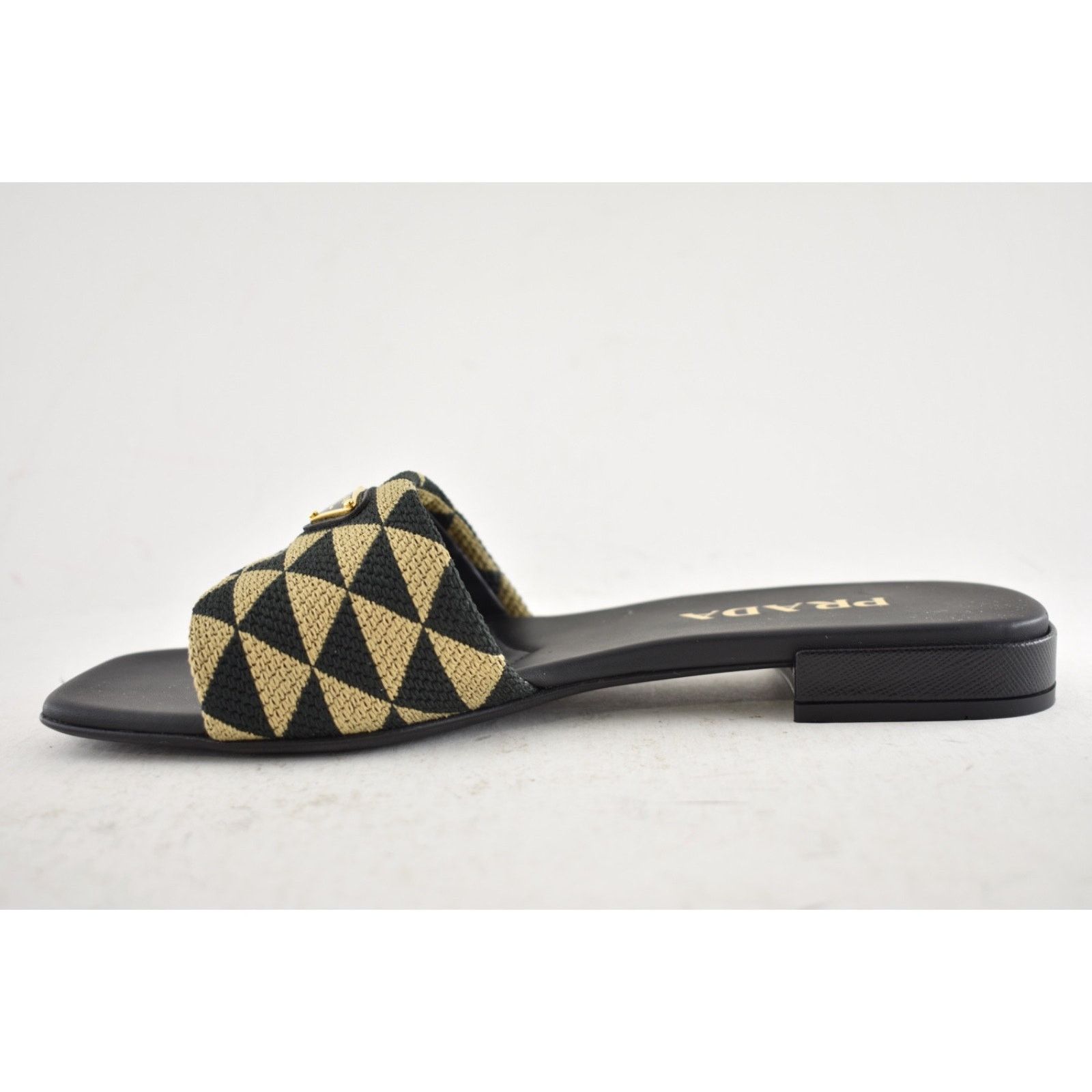Prada Prada Jacquard Triangle Logo Black Beige Tan Leather Slide Size US 7.5 / IT 37.5 - 15 Thumbnail