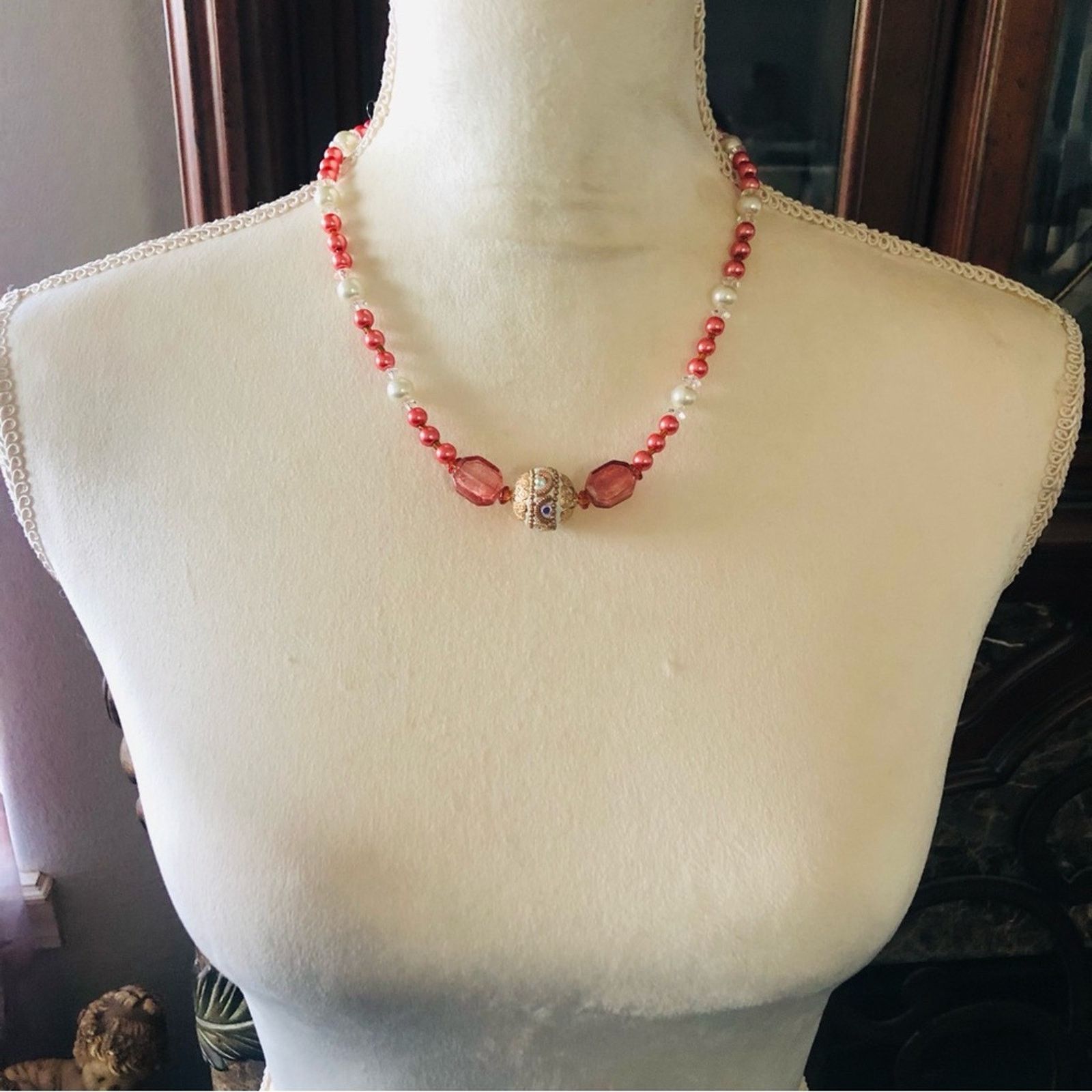 Handmade Handcrafted repurpose glass bead antique rose Pearl necklac Size ONE SIZE - 5 Thumbnail