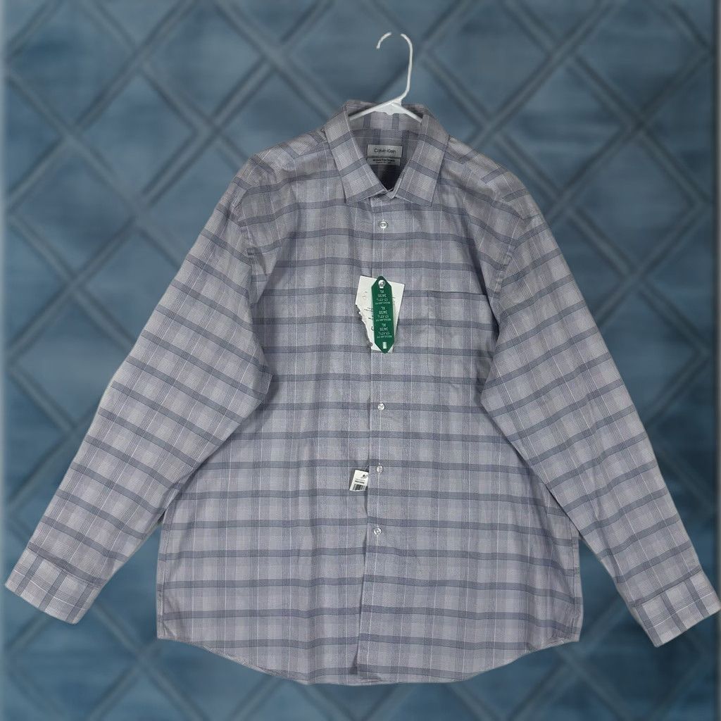 Calvin Klein Calvin Klein Dress Shirt Mens 17.5 XL Regular Fit Wrinkle Free Stretch Blue Plaid Button Down Shirt Mens Size 48R - 1 Thumbnail