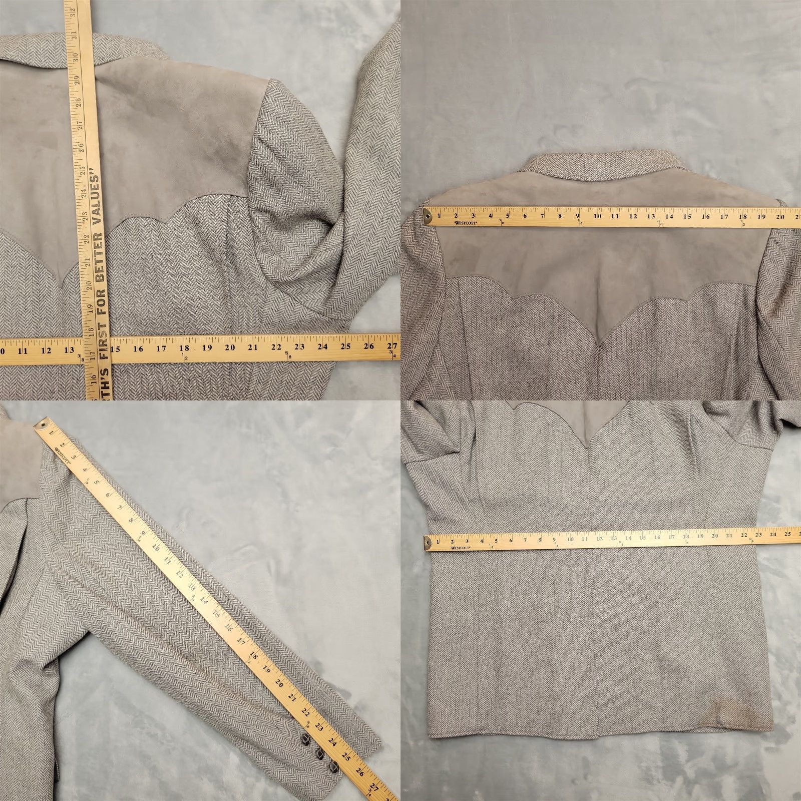 YOKE VINTAGE Pioneer Wear Blazer Men 48 Gray Herringbone Western Suede Yoke Wool USA Made Size 48R - 9 Thumbnail