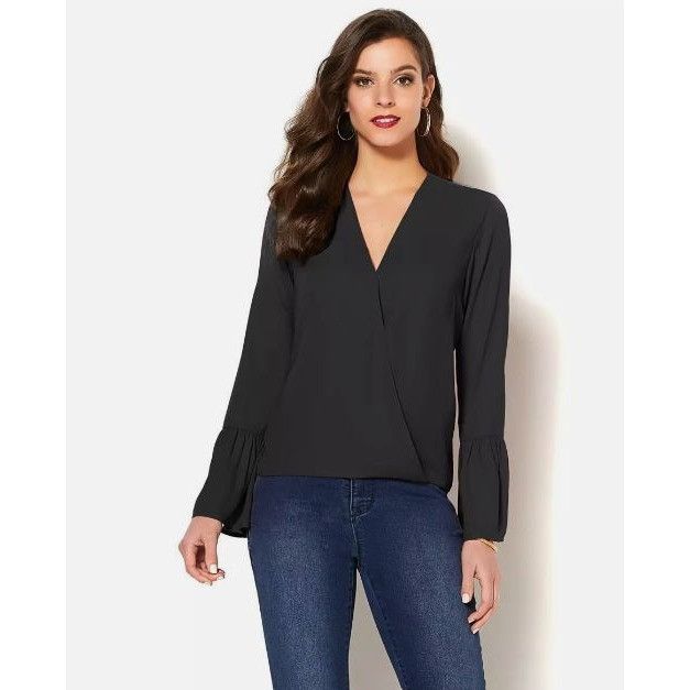 Other Black Long Sleeve Draped Crossover Blouse With Ruffle Accent Size XXL / US 16-18 / IT 52-54 - 2 Thumbnail