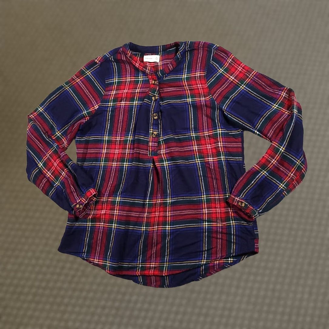 Vintage Maurices Flannel Henley Top - Womens Medium Blue Red Plaid Long Sleeve - Casual Basic Blouse Size M / US 6-8 / IT 42-44 - 1 Thumbnail
