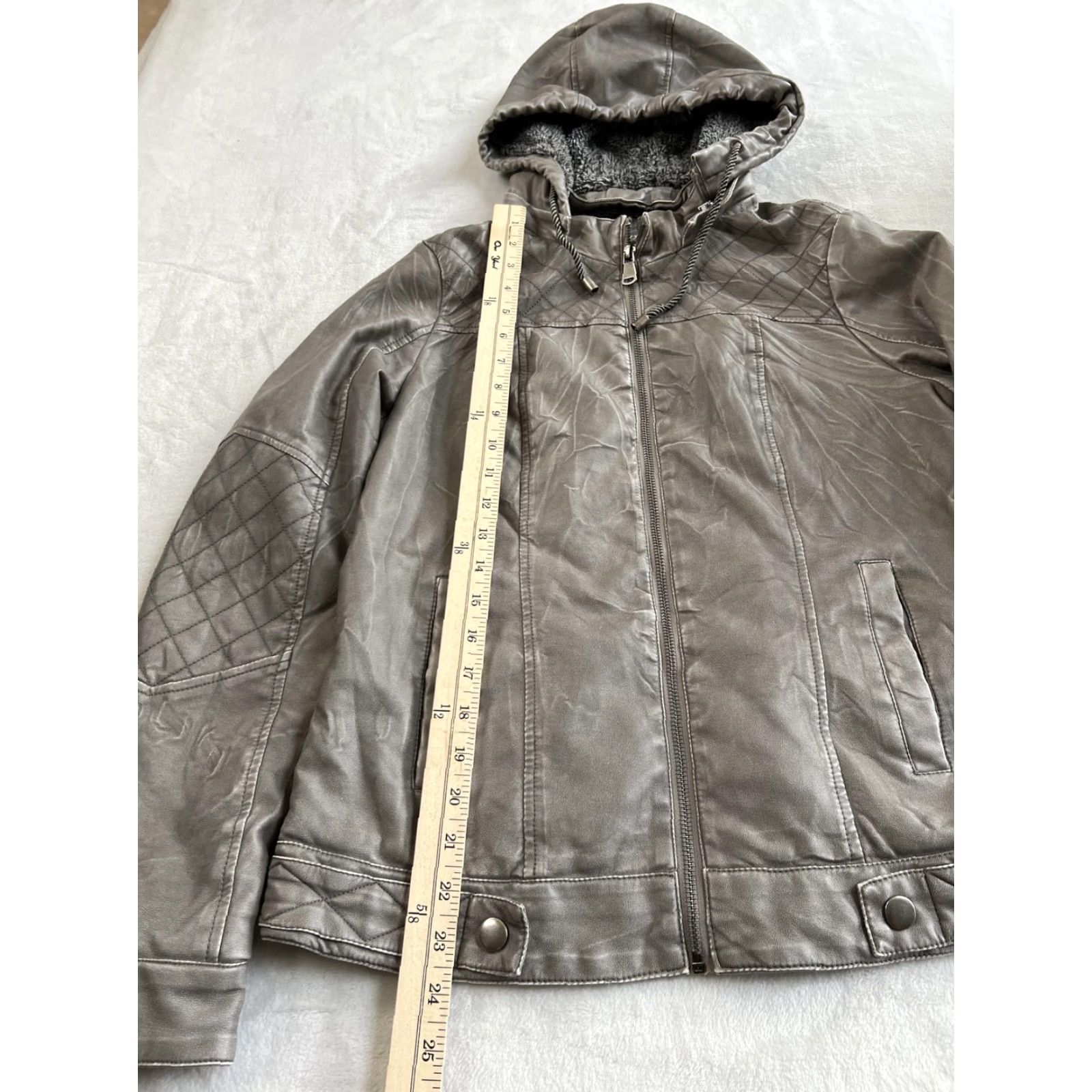 BKE BKE Jacket Women’s Medium Gray Faux Leather Hooded Quilted Moto Size M / US 6-8 / IT 42-44 - 5 Thumbnail