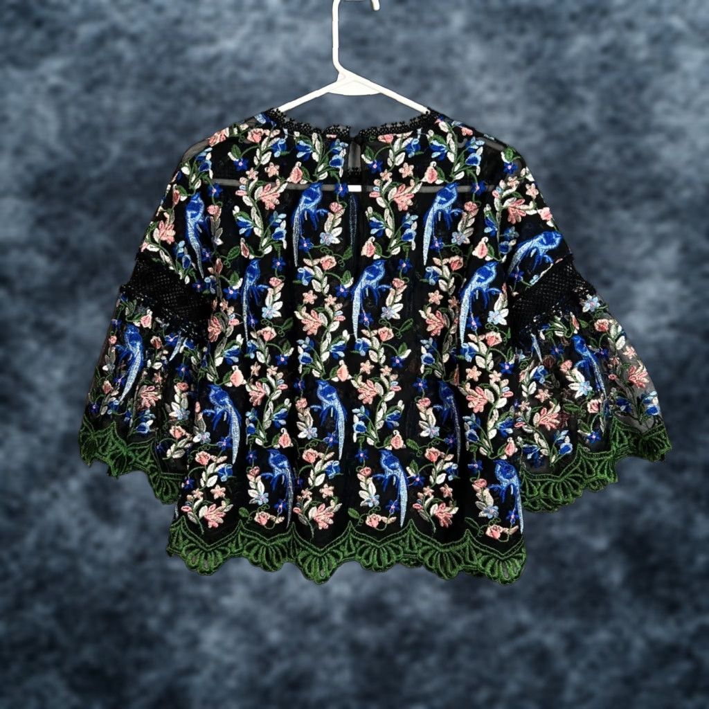 Topshop Topshop Women Blouse Size 8 Black Floral Embroidered W/ Lace Hem 3/4 Sleeves Sheer Size M / US 6-8 / IT 42-44 - 1 Thumbnail