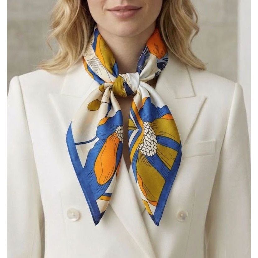 Other Elegant Bandana Floral Silky Square Scarf Luxurious BLUE ORA Size ONE SIZE - 1 Thumbnail