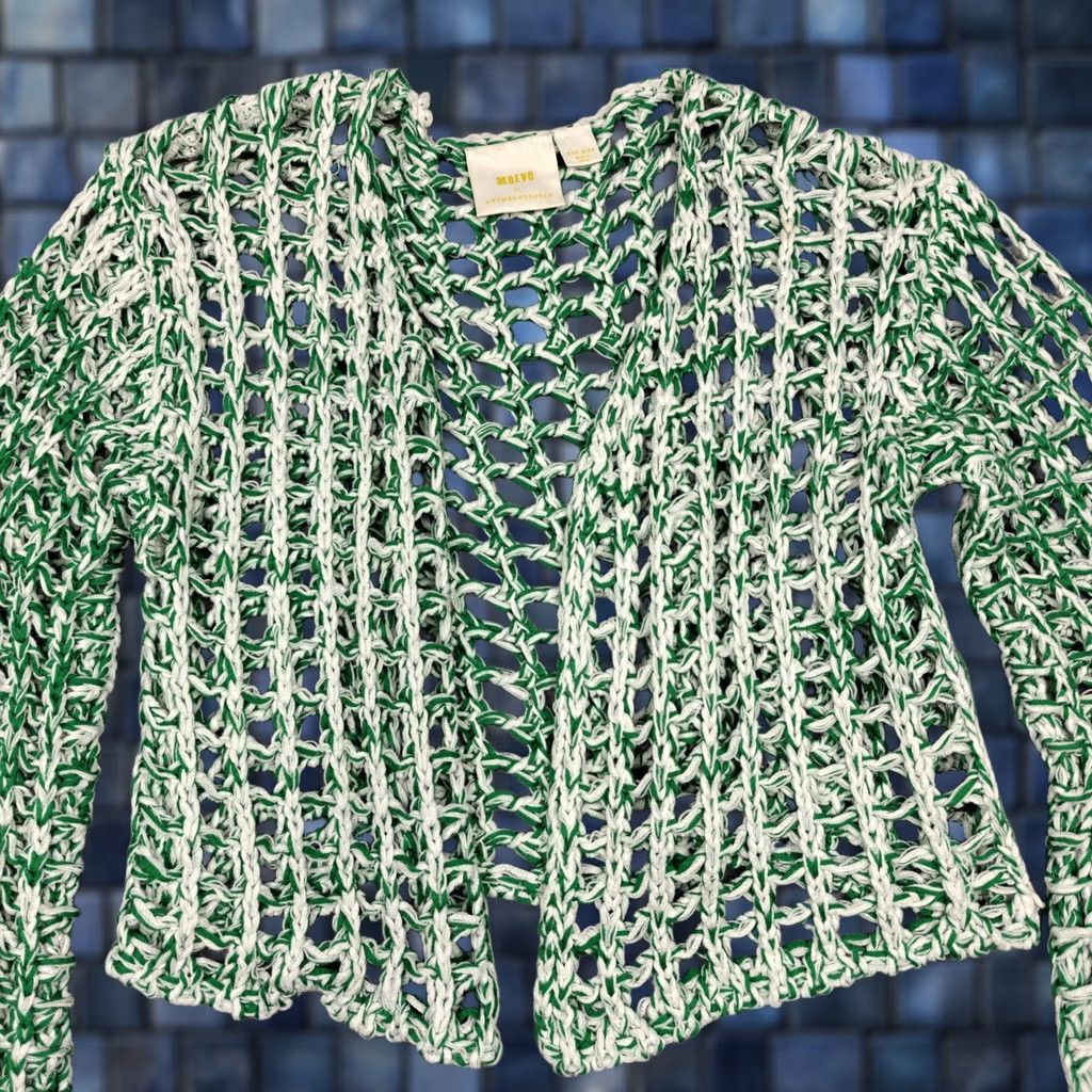 Anthropologie Maeve Anthropologie Cardigan Womens One Size Green Crochet Bell Sleeve Knitting Open-Knit Lightweight Casual Geometric Vintage No Size ONE SIZE - 1 Thumbnail