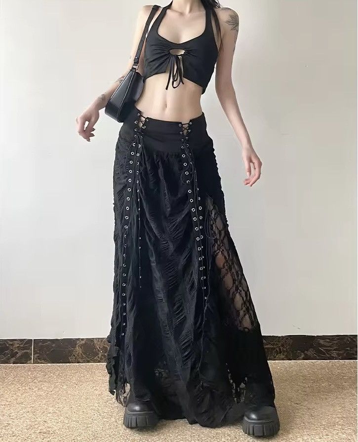 Other Y2k Gothic Punk Bandage Mesh Patchwork Irregular Maxi Skirt Size 29" - 3 Thumbnail