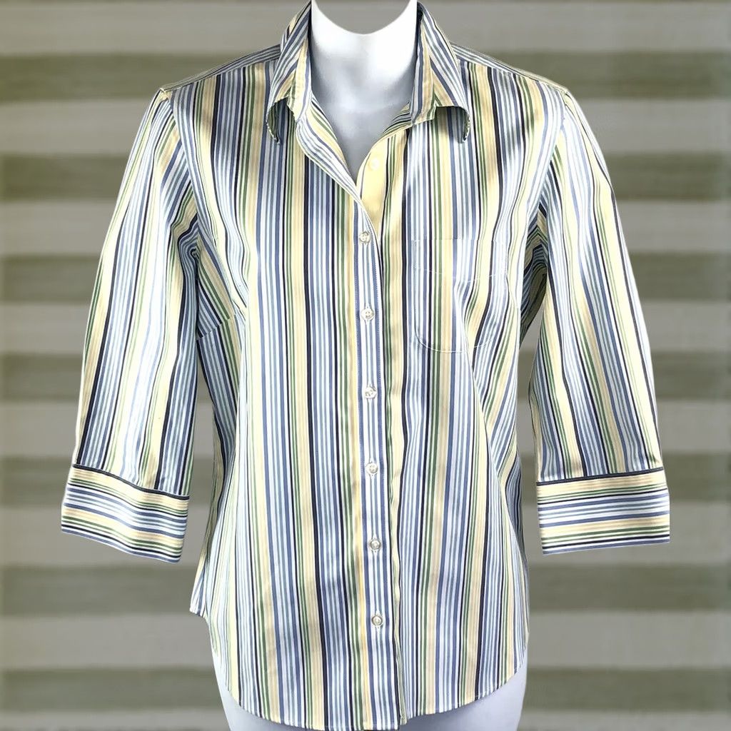 Lands' End Lands' End Top 4 Blue/green Stripe ButtonUp Oxford 3/4Sleeve Preppy Career Office Blouse Womens Size S / US 4 / IT 40 - 1 Thumbnail