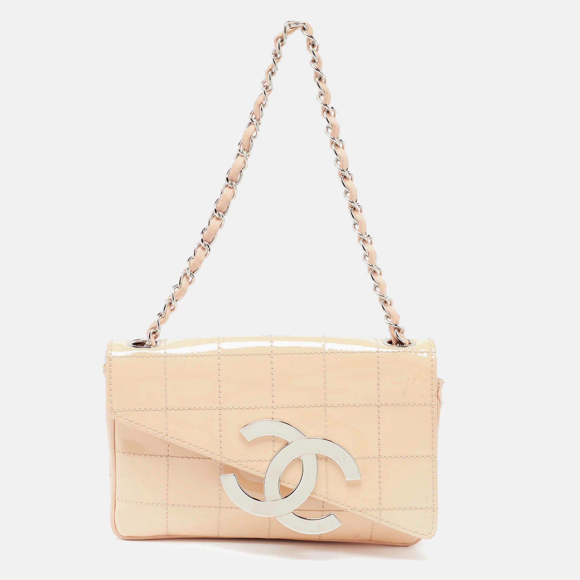 image of Chanel Peach Square Quilt Patent Leather Diagonal Cc Flap Bag in Orange, Women's