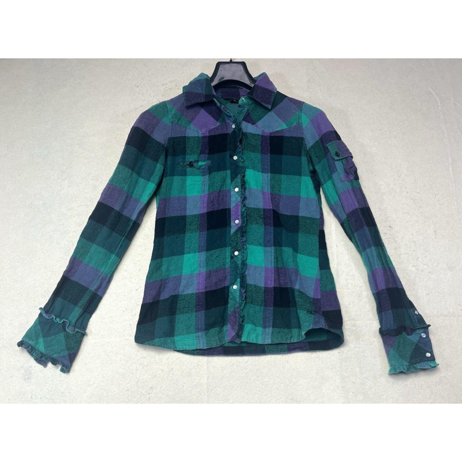 O'Neill O'Neill Women's Plaid Button-Down Shirt Size M Green Purple Multicolor Long Sleeve Casual Knit 100% Cotton Button-Up Shirt Womens Size M / US 6-8 / IT 42-44 - 2 Thumbnail