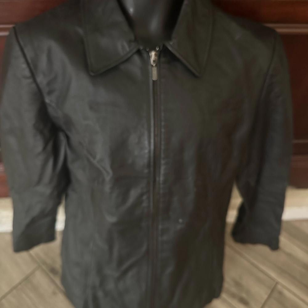 Designer Men’s used Large L black leather full zip jacket. Size US L / EU 52-54 / 3 - 3 Thumbnail