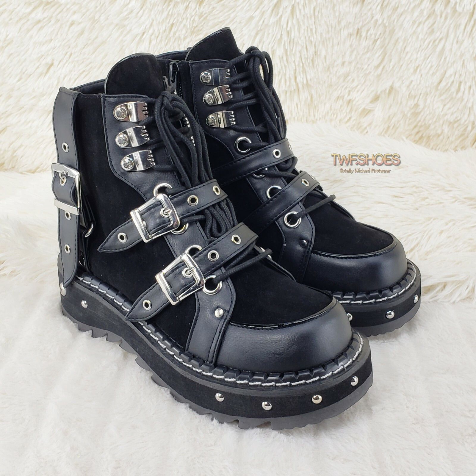 Demonia Cult DEMONIA Emily 278 Black 1.25" Studded Platform Multi Strap Size US 7 / IT 37 - 7 Thumbnail