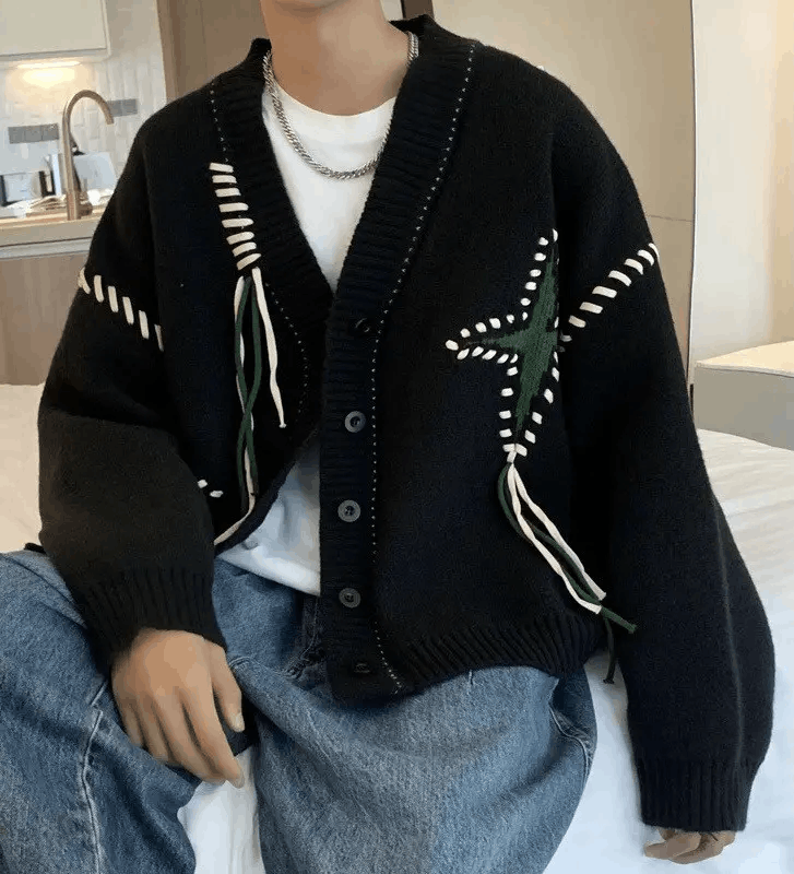 Japanese Brand × Vintage Black y2k star cardigan knitwear Size US L / EU 52-54 / 3 - 4 Thumbnail