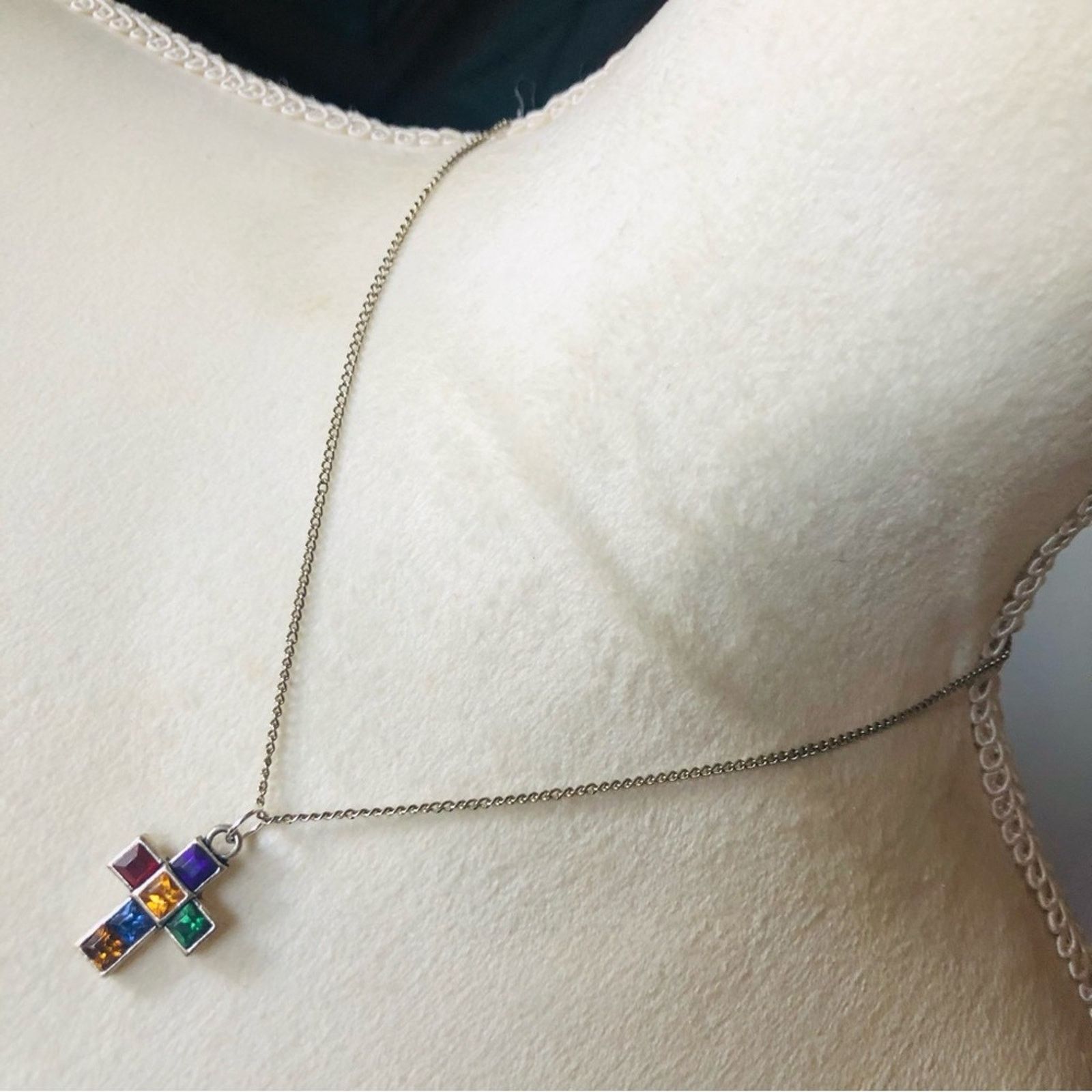 Vintage Vintage multi tone square shape gem cross on chain necklace Size ONE SIZE - 1 Thumbnail