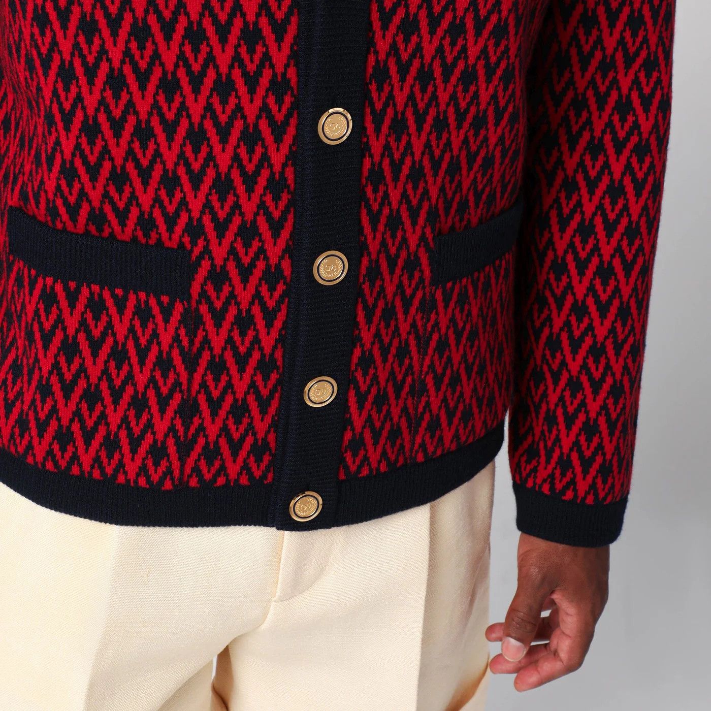 Valentino o1d2blof0326 Jacquard Patterned Cardigan in Red/Navy Blue Size US M / EU 48-50 / 2 - 3 Thumbnail