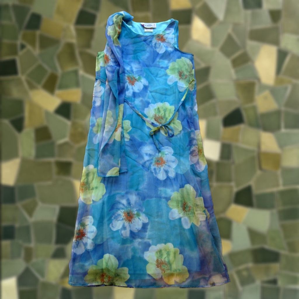 Vintage VINTAGE L. A. Chic California Floral Midi Tank Sun Dress Small Blue Green Orange Dress Size S / US 4 / IT 40 - 1 Thumbnail