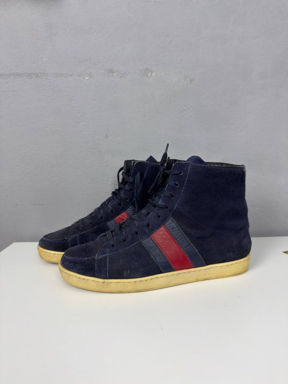 Gucci Gucci Navy Blue Suede Web High Top Sneakers Size US 8 / EU 41 - 3 Thumbnail