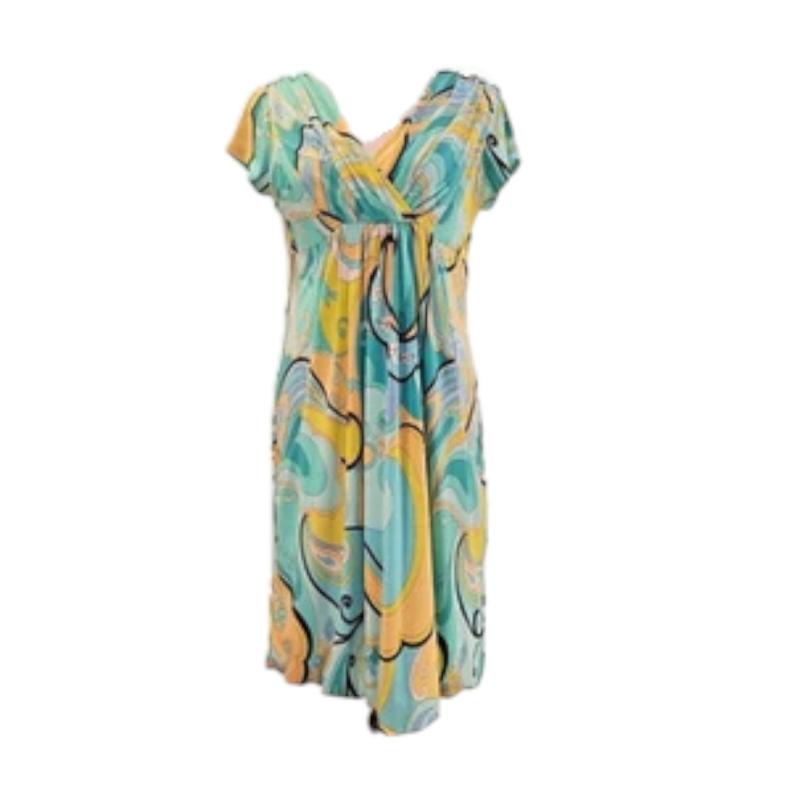 Essentials Essentials by A.B.S. Size Medium Dress Aqua & Yellow Midi Size M / US 6-8 / IT 42-44 - 2 Thumbnail