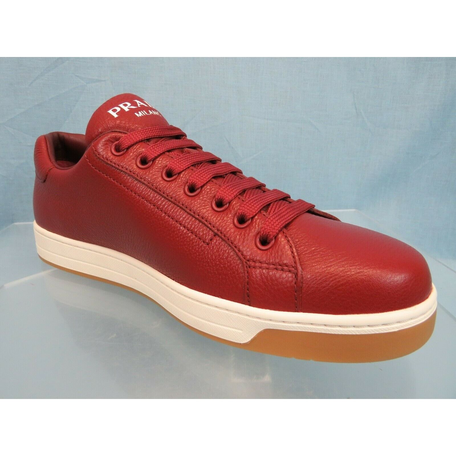 Prada 4E3507 RED TEXTURED LEATHER LOGO LOW TOP SNEAKERS 7.5 Size US 8.5 / EU 41-42 - 5 Thumbnail