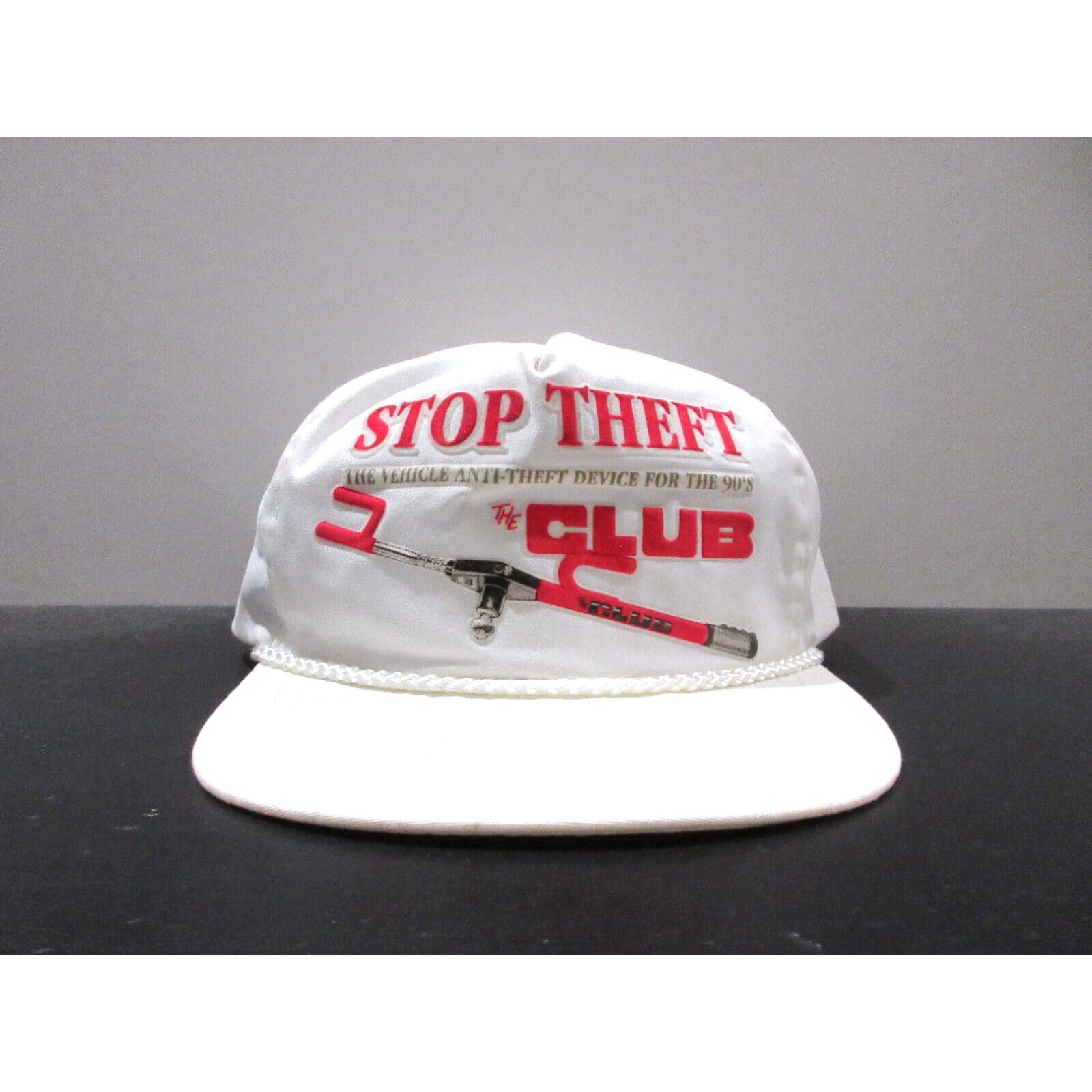 image of Vintage The Club Hat Cap Snap Back White Red Stop Car Theft Car Automobile Mens