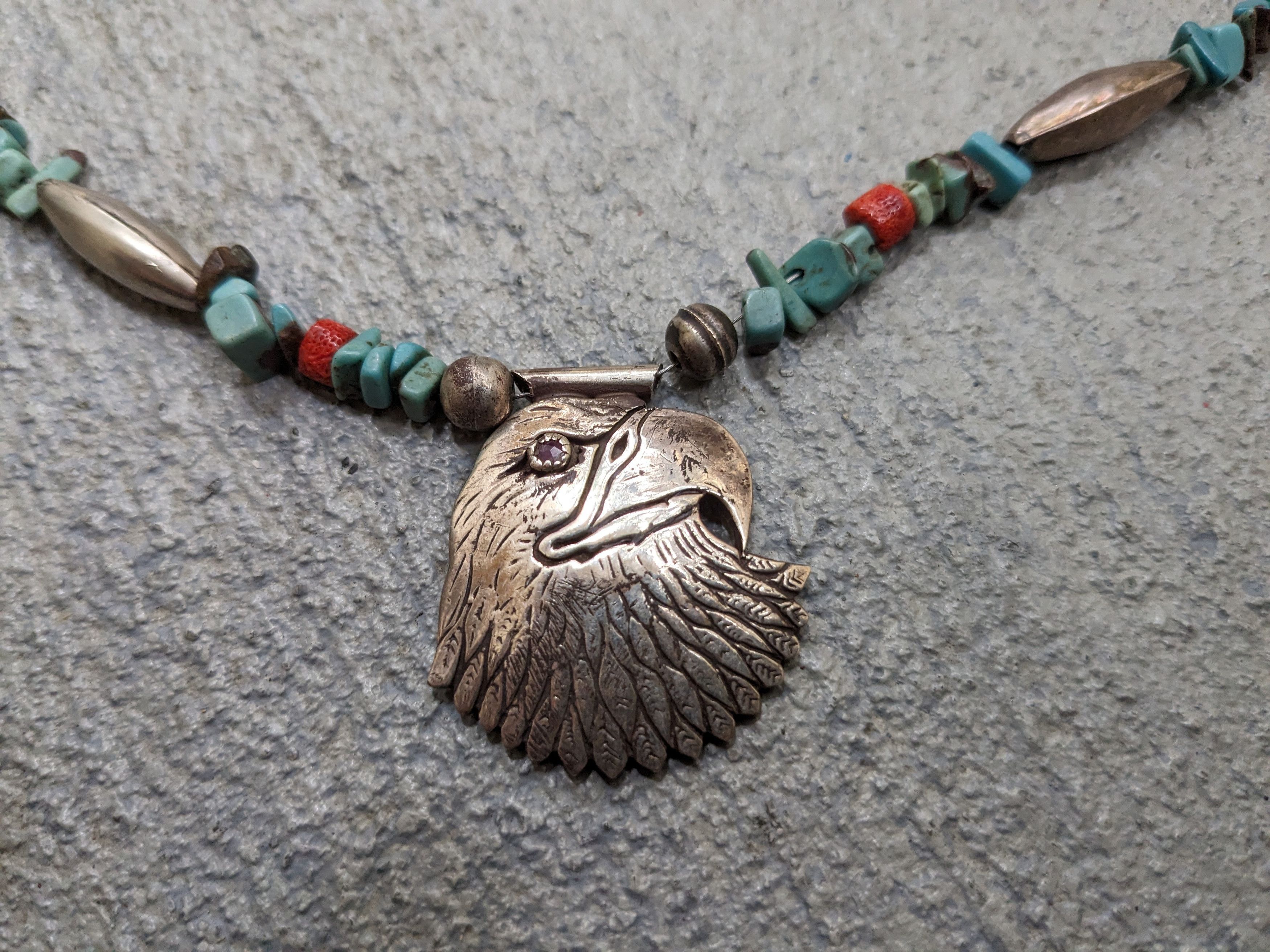 Jewelry Sterling Silver Necklace Turquoise Eagle Native Coral Size ONE SIZE - 7 Thumbnail